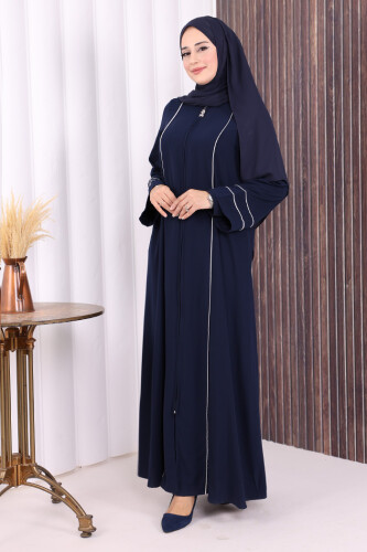 Çizgi Detaylı Boydan Fermuarlı Tam Boy Ferace 6011 Lacivert - 2