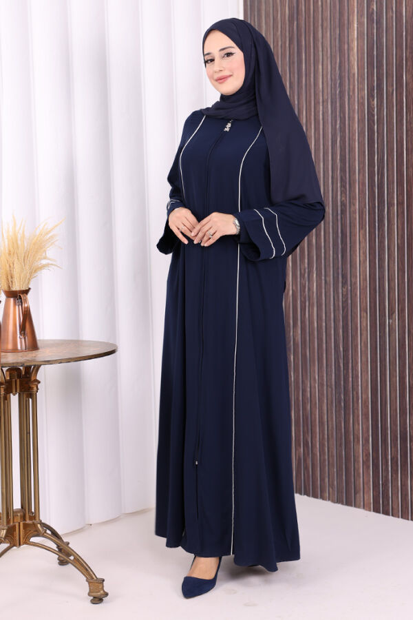 Çizgi Detaylı Boydan Fermuarlı Tam Boy Ferace 6011 Lacivert - 2