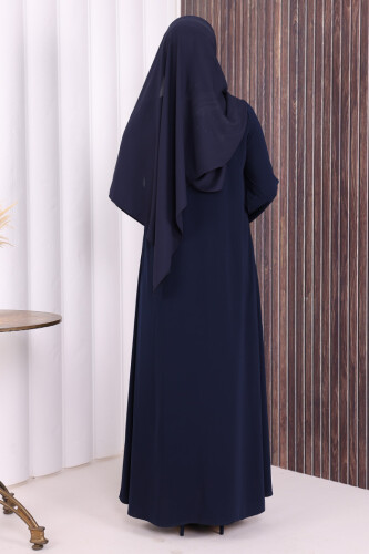 Çizgi Detaylı Boydan Fermuarlı Tam Boy Ferace 6011 Lacivert - 3