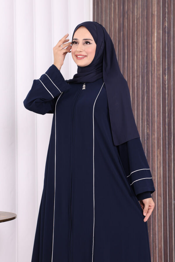 Çizgi Detaylı Boydan Fermuarlı Tam Boy Ferace 6011 Lacivert - 4