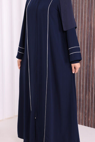 Çizgi Detaylı Boydan Fermuarlı Tam Boy Ferace 6011 Lacivert - 5