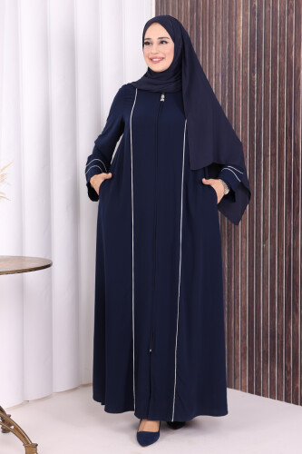 Çizgi Detaylı Boydan Fermuarlı Tam Boy Ferace 6011 Lacivert - 1