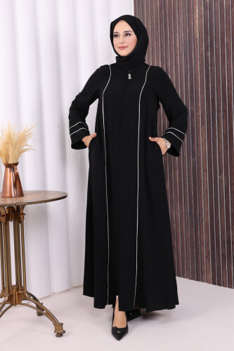 Çizgi Detaylı Boydan Fermuarlı Tam Boy Ferace 6011 Siyah - Bym Fashion