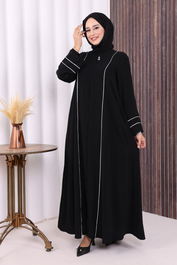 Çizgi Detaylı Boydan Fermuarlı Tam Boy Ferace 6011 Siyah - 2