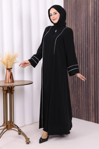 Çizgi Detaylı Boydan Fermuarlı Tam Boy Ferace 6011 Siyah - 3