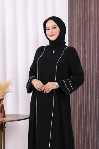 Çizgi Detaylı Boydan Fermuarlı Tam Boy Ferace 6011 Siyah - 5