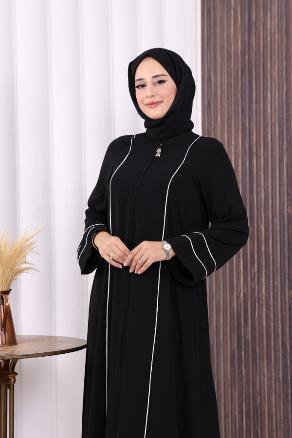 Çizgi Detaylı Boydan Fermuarlı Tam Boy Ferace 6011 Siyah - 5