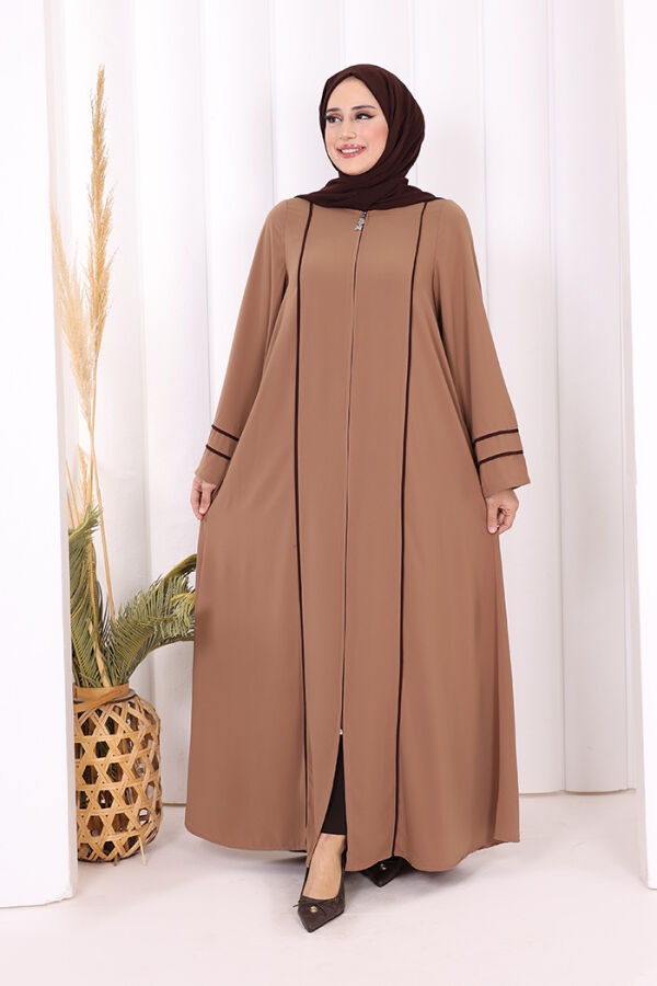 Çizgi Detaylı Boydan Fermuarlı Tam Boy Ferace 6011 Vizon - 1