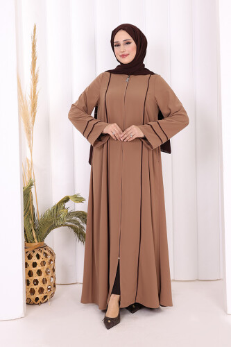 Çizgi Detaylı Boydan Fermuarlı Tam Boy Ferace 6011 Vizon - 2