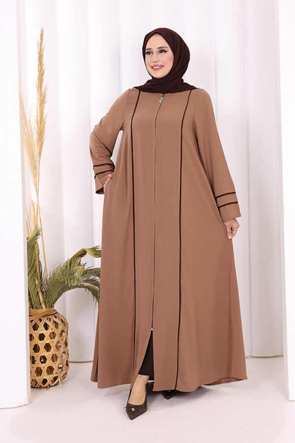 Çizgi Detaylı Boydan Fermuarlı Tam Boy Ferace 6011 Vizon - 3