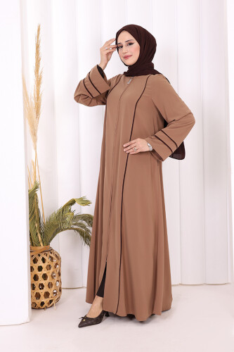 Çizgi Detaylı Boydan Fermuarlı Tam Boy Ferace 6011 Vizon - 4