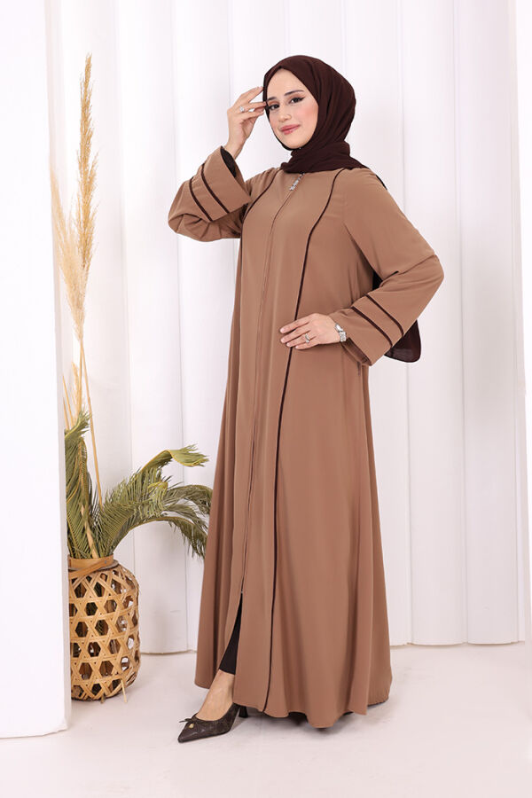 Çizgi Detaylı Boydan Fermuarlı Tam Boy Ferace 6011 Vizon - 4