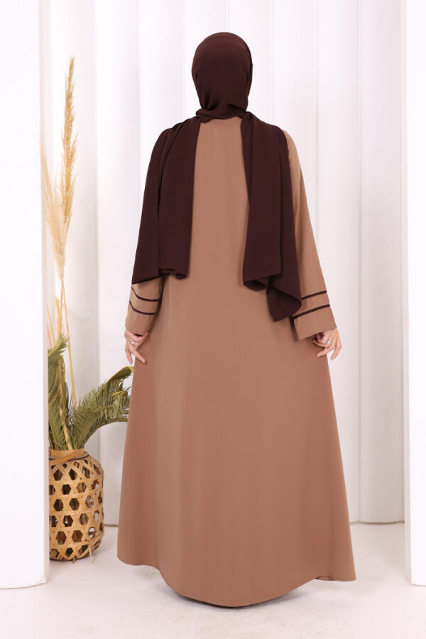 Çizgi Detaylı Boydan Fermuarlı Tam Boy Ferace 6011 Vizon - 5