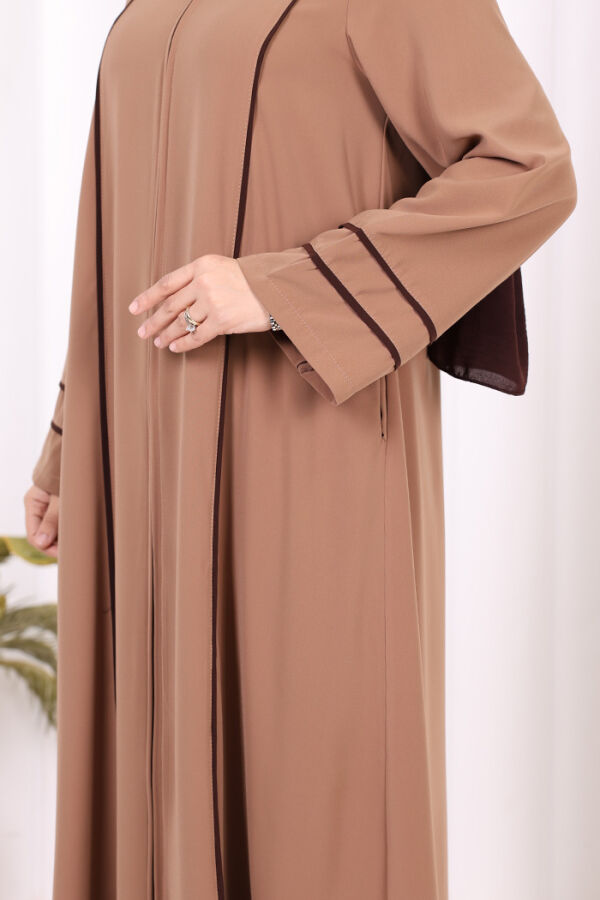 Çizgi Detaylı Boydan Fermuarlı Tam Boy Ferace 6011 Vizon - 7