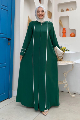 Çizgi Detaylı Boydan Fermuarlı Tam Boy Ferace 6011 Zümrüt - bym fashion