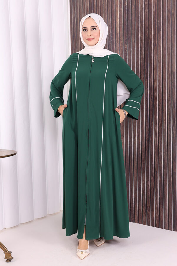 Çizgi Detaylı Boydan Fermuarlı Tam Boy Ferace 6011 Zümrüt - 1