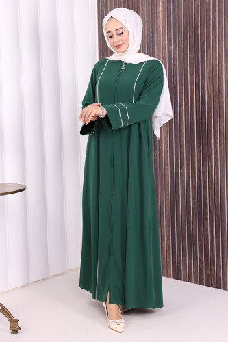Çizgi Detaylı Boydan Fermuarlı Tam Boy Ferace 6011 Zümrüt - 2
