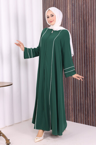 Çizgi Detaylı Boydan Fermuarlı Tam Boy Ferace 6011 Zümrüt - 3