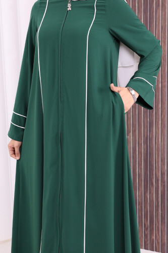 Çizgi Detaylı Boydan Fermuarlı Tam Boy Ferace 6011 Zümrüt - 6