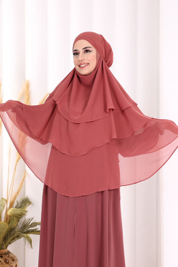 Peçeli 3 Katlı Şifon Sufle Şal 6012 Gül Kurusu - 1