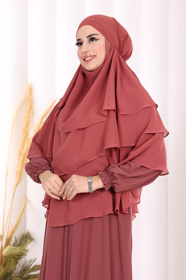 Peçeli 3 Katlı Şifon Sufle Şal 6012 Gül Kurusu - 2