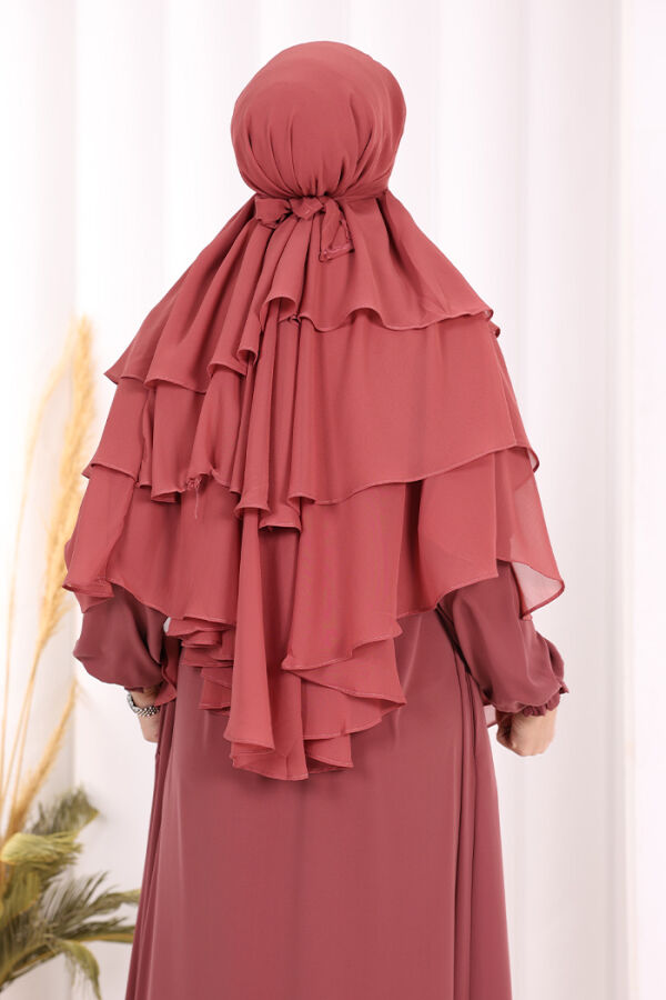 Peçeli 3 Katlı Şifon Sufle Şal 6012 Gül Kurusu - 3