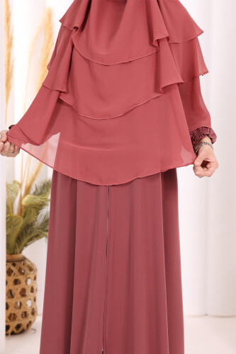 Peçeli 3 Katlı Şifon Sufle Şal 6012 Gül Kurusu - 4