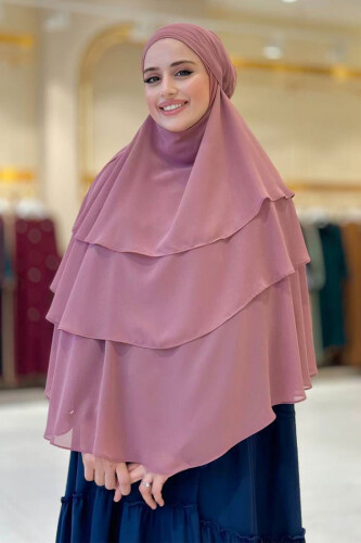 Peçeli 3 Katlı Şifon Sufle Şal 6012 Gül Kurusu - Bym Fashion