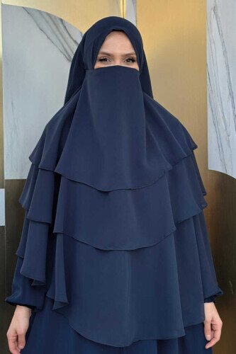 Peçeli 3 Katlı Şifon Sufle Şal 6012 Lacivert - Bym Fashion