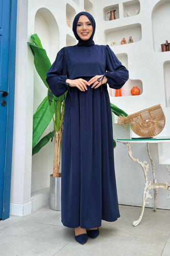 Çift Katlı Bağlama Detay Elbise 6003 Lacivert - Bym Fashion