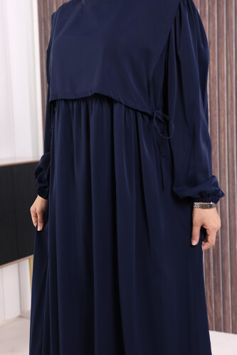 Çift Katlı Bağlama Detay Elbise 6003 Lacivert - 5