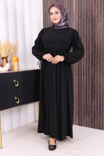 Çift Katlı Bağlama Detay Elbise 6003 Siyah - 2