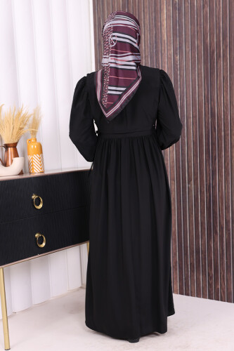 Çift Katlı Bağlama Detay Elbise 6003 Siyah - 4