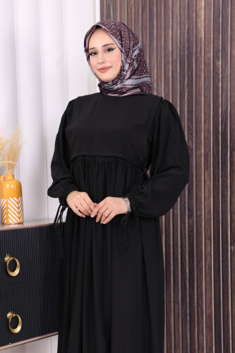 Çift Katlı Bağlama Detay Elbise 6003 Siyah - 5