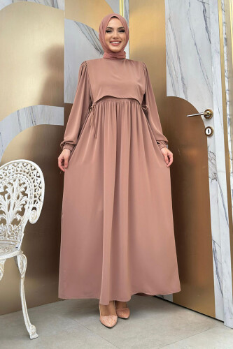 Çift Katlı Bağlama Detay Elbise 6003 Vizon - Bym Fashion