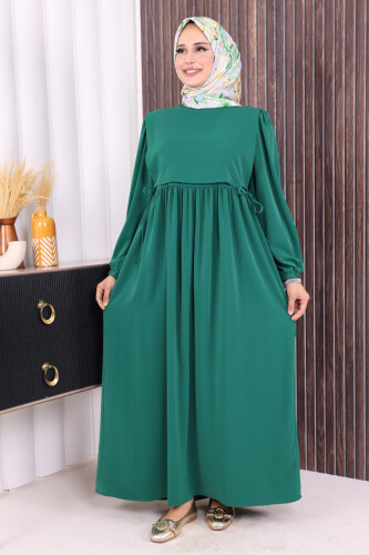 Çift Katlı Bağlama Detay Elbise 6003 Zümrüt 
