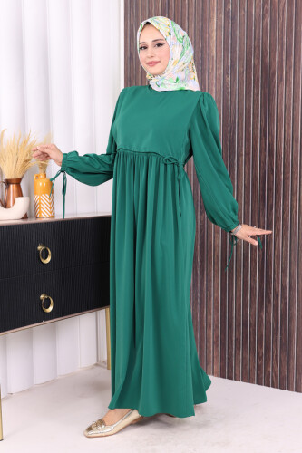 Çift Katlı Bağlama Detay Elbise 6003 Zümrüt - 2