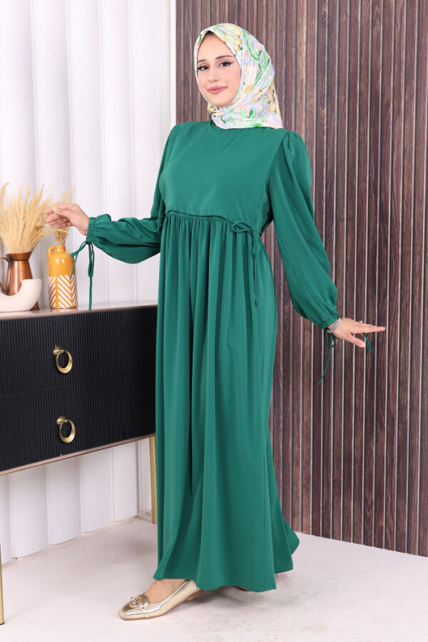 Çift Katlı Bağlama Detay Elbise 6003 Zümrüt - 2