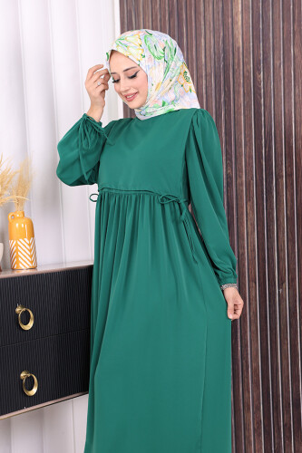 Çift Katlı Bağlama Detay Elbise 6003 Zümrüt - 4