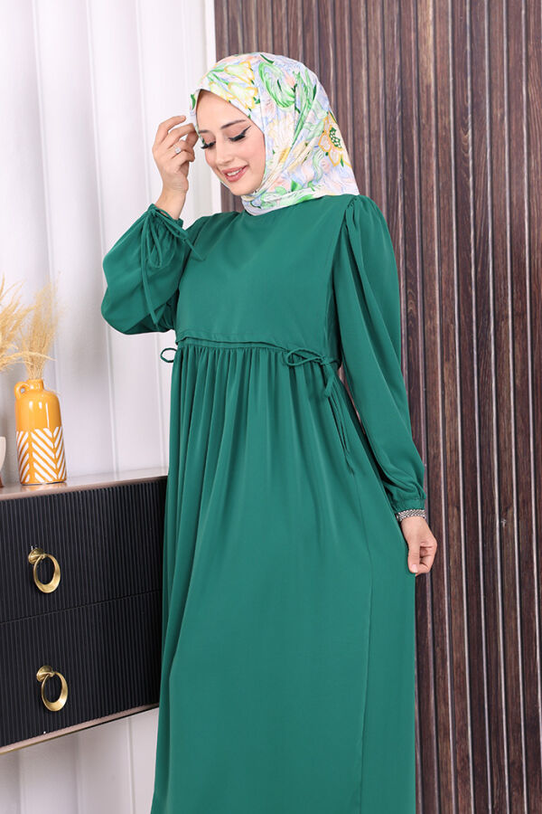 Çift Katlı Bağlama Detay Elbise 6003 Zümrüt - 4
