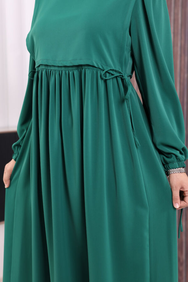 Çift Katlı Bağlama Detay Elbise 6003 Zümrüt - 5