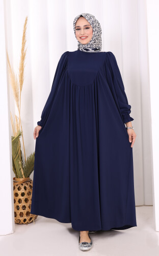 Kol Manşetleri Büzgülü Elbise 6004 Lacivert - Bym Fashion