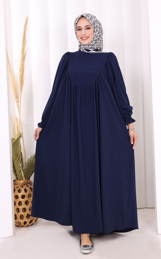 Kol Manşetleri Büzgülü Elbise 6004 Lacivert - 1
