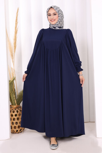 Kol Manşetleri Büzgülü Elbise 6004 Lacivert - 2