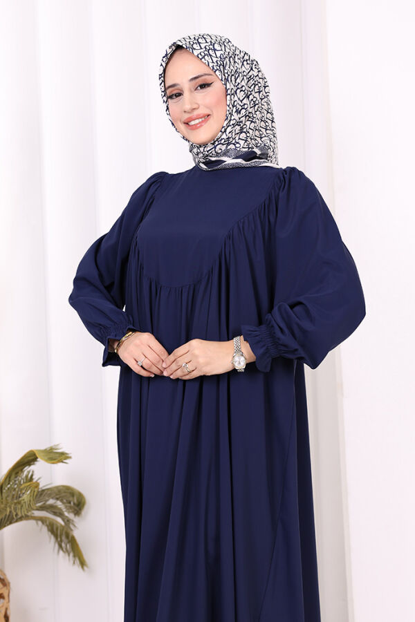 Kol Manşetleri Büzgülü Elbise 6004 Lacivert - 5