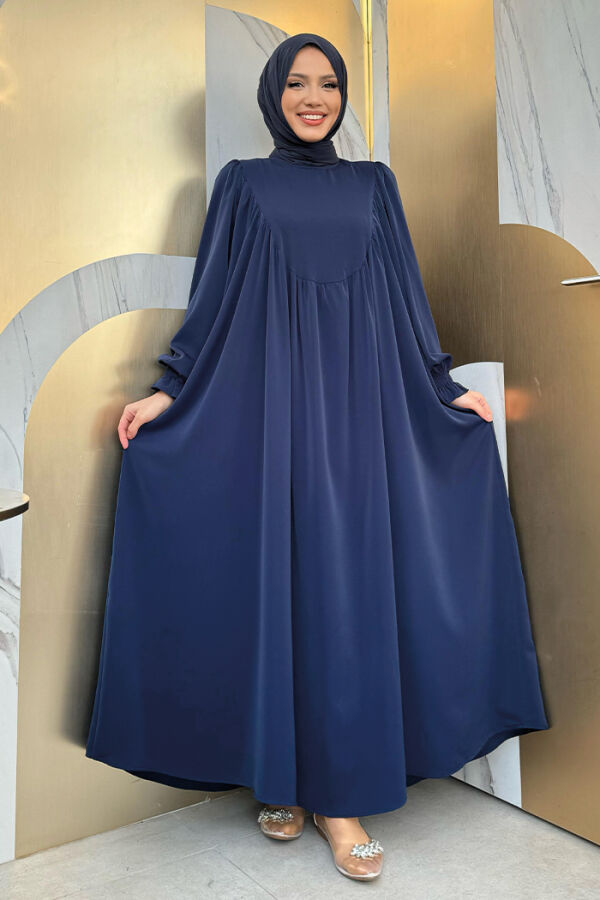 Kol Manşetleri Büzgülü Elbise 6004 Lacivert - 5