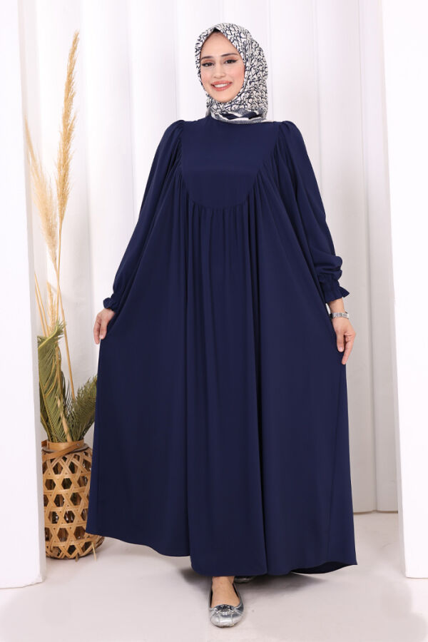 Kol Manşetleri Büzgülü Elbise 6004 Lacivert - 2
