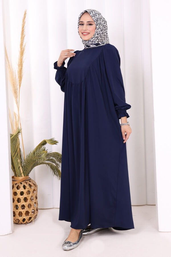 Kol Manşetleri Büzgülü Elbise 6004 Lacivert - 3