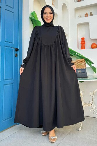 Kol Manşetleri Büzgülü Elbise 6004 Siyah - Bym Fashion