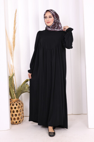 Kol Manşetleri Büzgülü Elbise 6004 Siyah - Bym Fashion